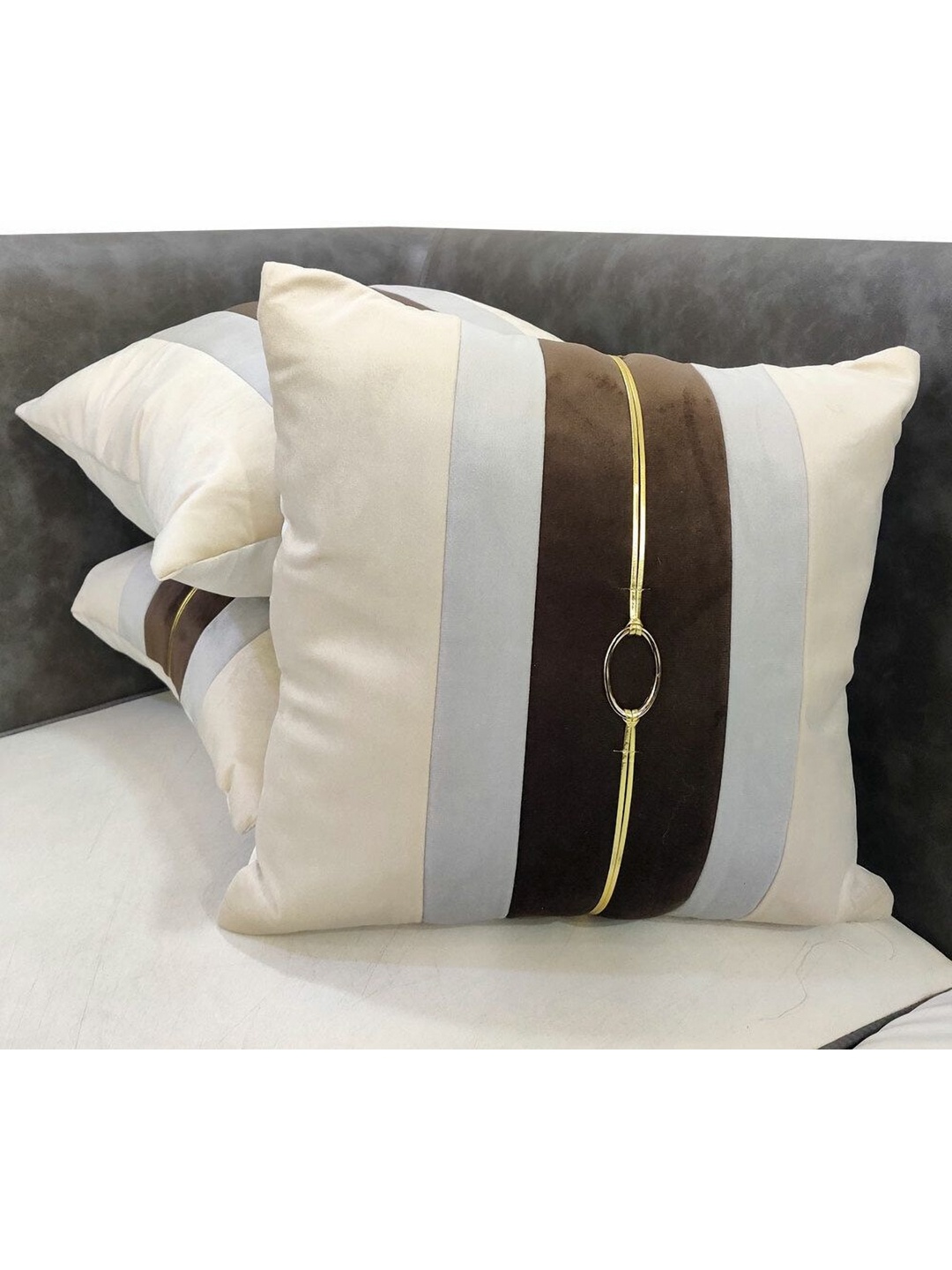 

Good Vibes Beige & Brown Set of 3 Striped Velvet Square Cushion Covers
