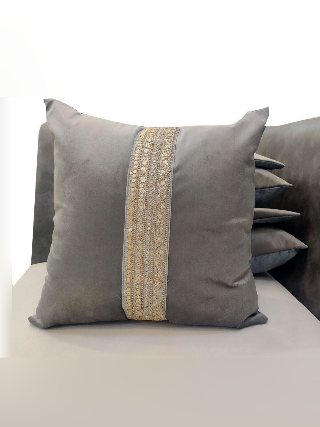 

Good Vibes Grey & Gold-Toned 5 Pieces Embellished Velvet Square Cushion Covers