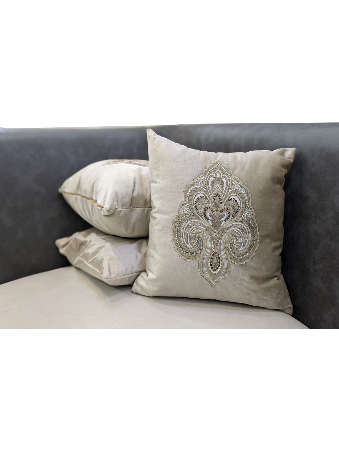 

Good Vibes Beige & Grey Set of 3 Embellished Velvet Square Cushion Covers