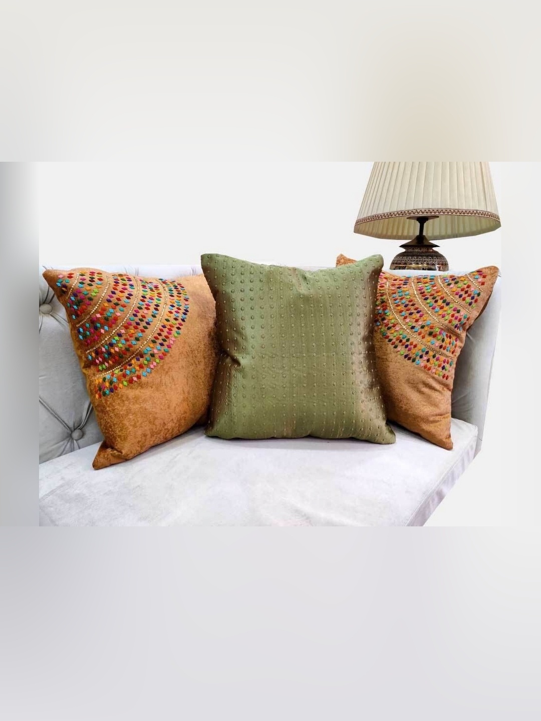 

Good Vibes Brown & Green Set of 3 Embroidered Velvet Square Cushion Covers