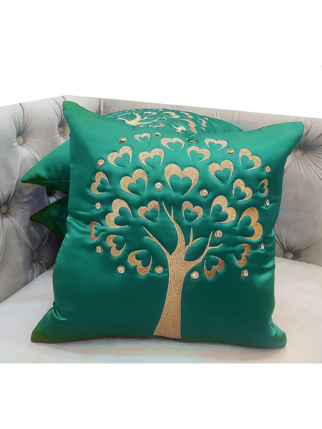 

Good Vibes Green & Beige Set of 3 Embroidered Velvet Square Cushion Covers