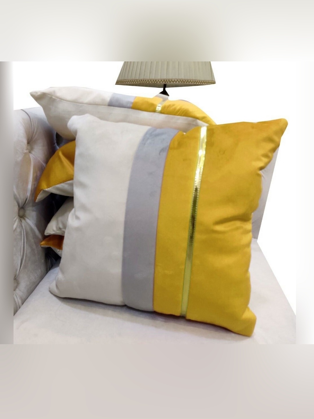

Good Vibes Beige & Yellow Set of 5 Striped Velvet Square Cushion Covers