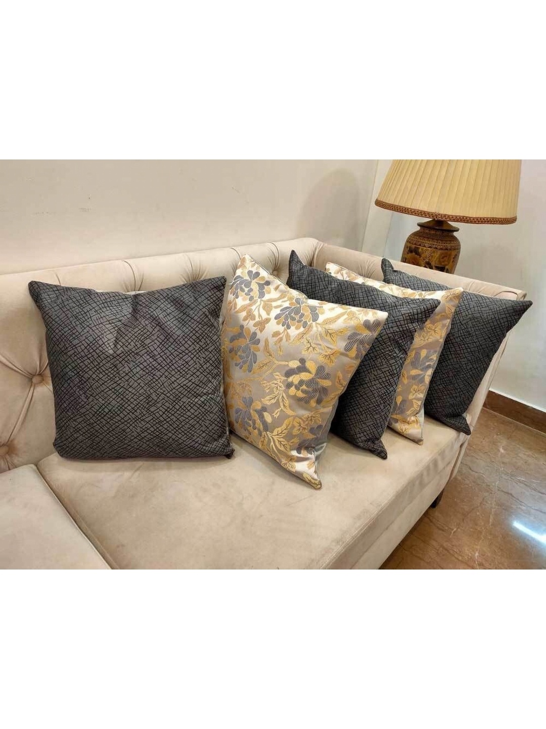 

Good Vibes Grey & Gold-Toned 5 Pieces Embroidered Square Cushion Covers
