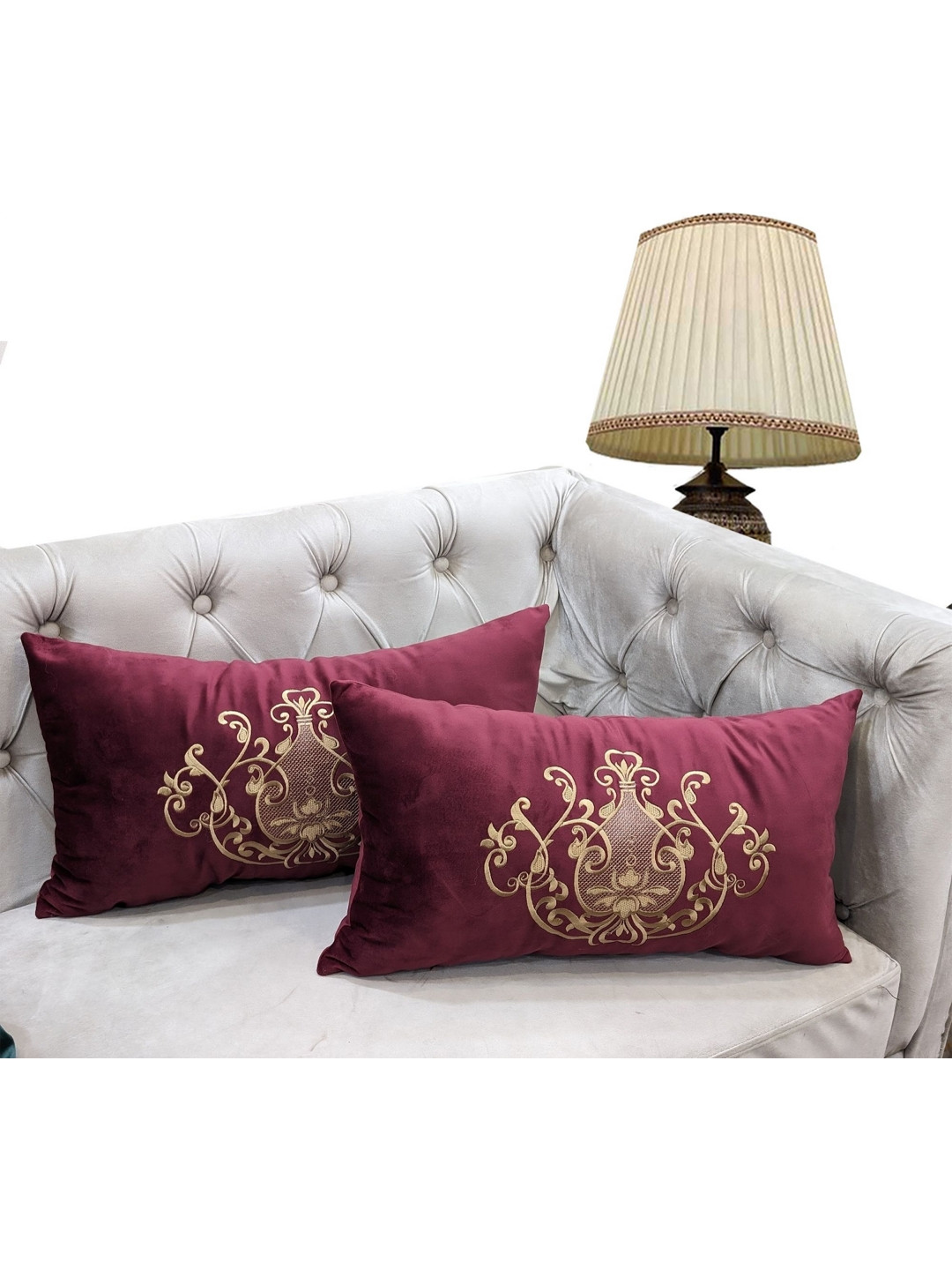 

Good Vibes Maroon & Gold-Toned 2 Pieces Embroidered Velvet Rectangle Cushion Covers