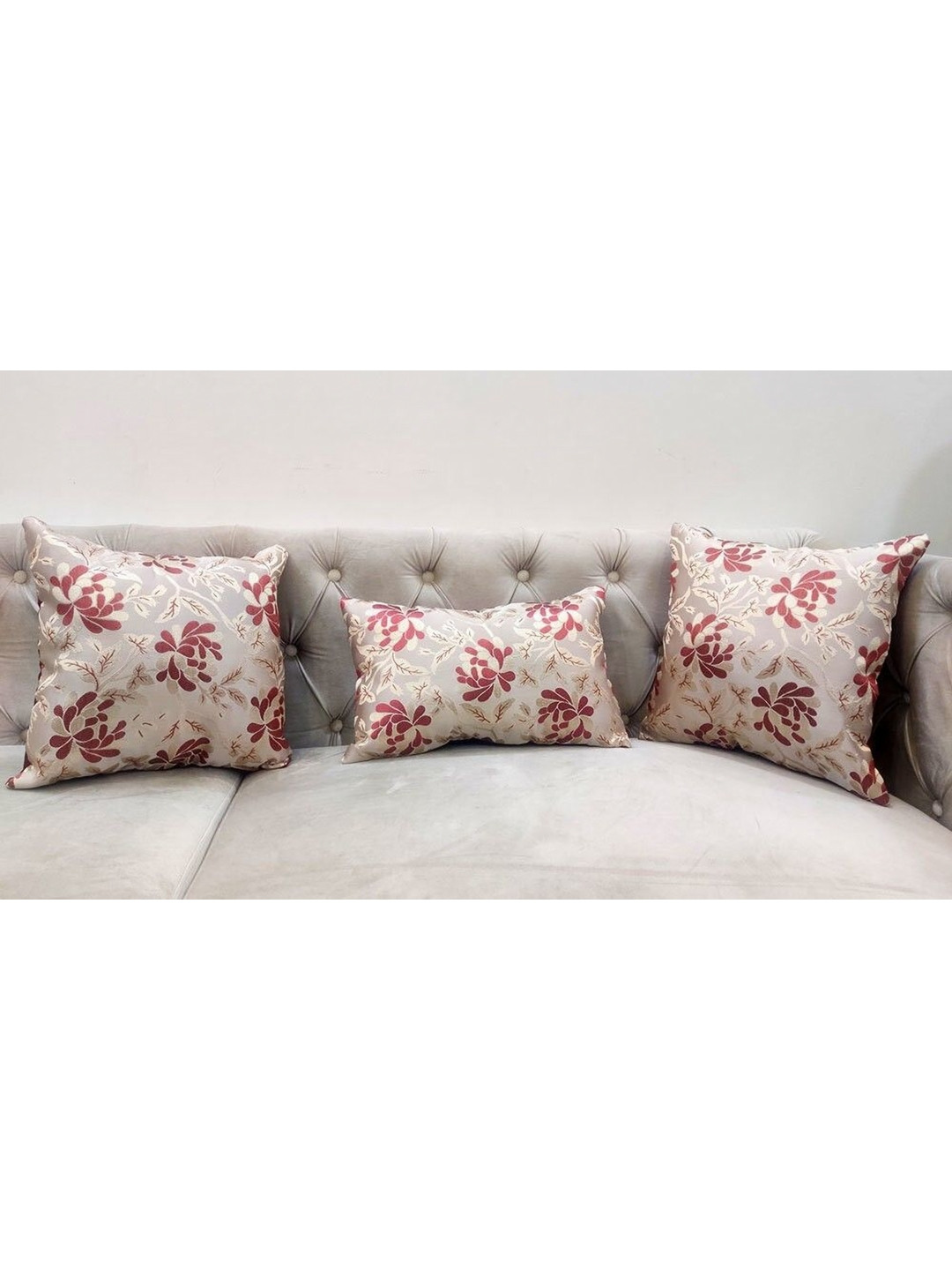 

Good Vibes Silver-Toned & Maroon 3 Pieces Floral Square Cushion Covers
