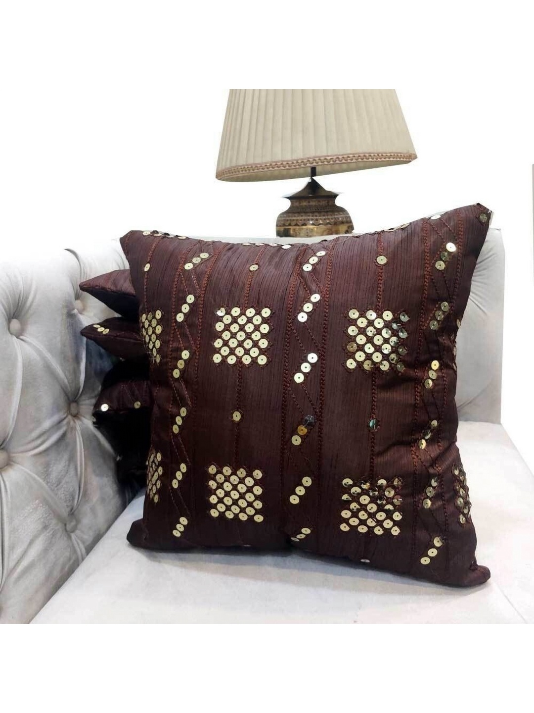 

Good Vibes Brown & Gold-Toned 5 Pieces Embellished Square Cushion Covers