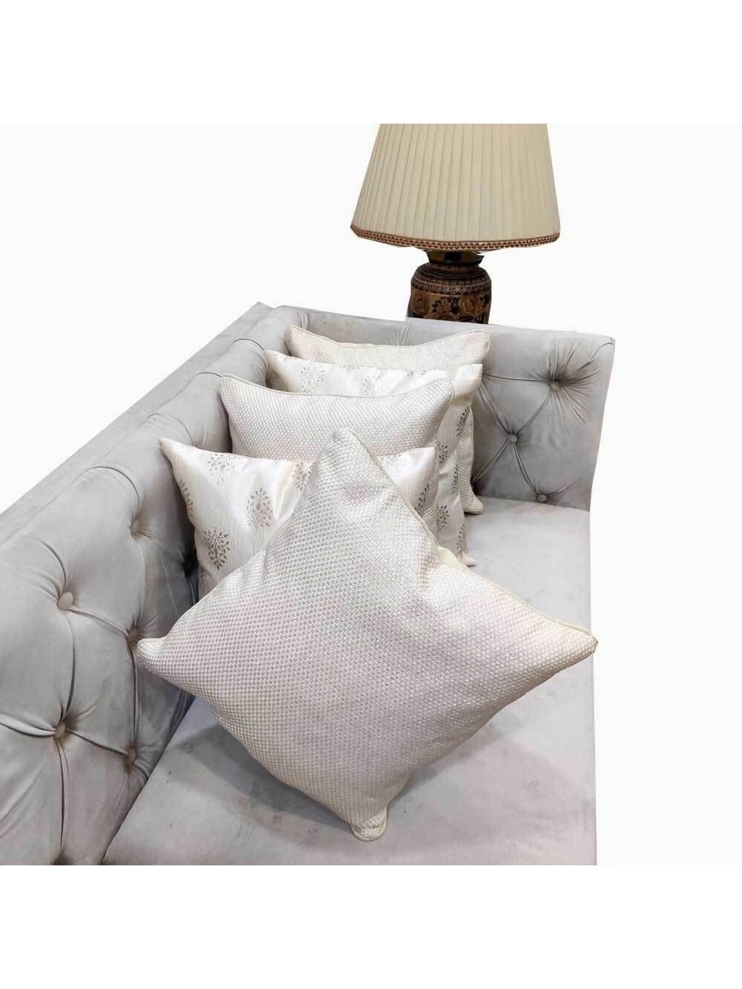 

Good Vibes White & Gold-Toned 5 Pieces Square Cushion Covers