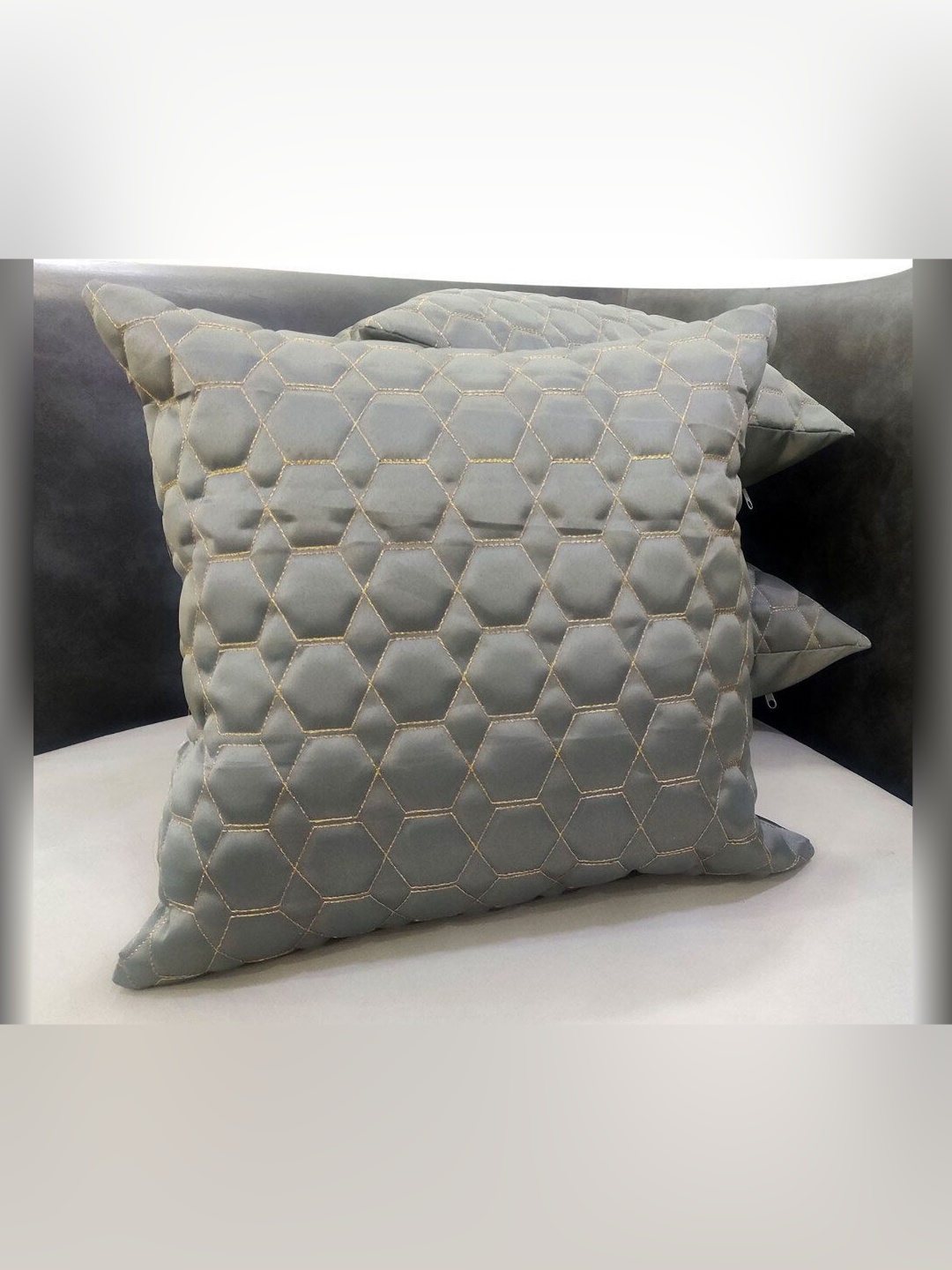 

Good Vibes Grey & Gold Toned 3 Pieces Geometric Velvet Textured Square Cushion Covers