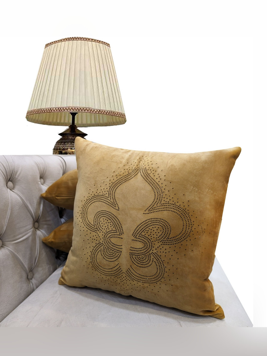 

Good Vibes Gold Toned 3 Pieces Floral Embellished Velvet Square Cushion Covers