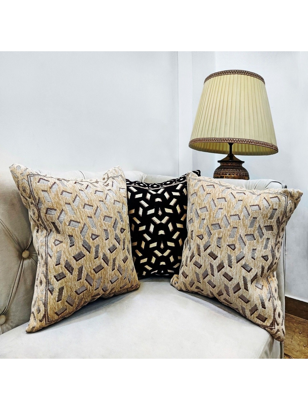 

Good Vibes Black & Cream Coloured 3 Pieces Geometric Jacquard Square Cushion Covers