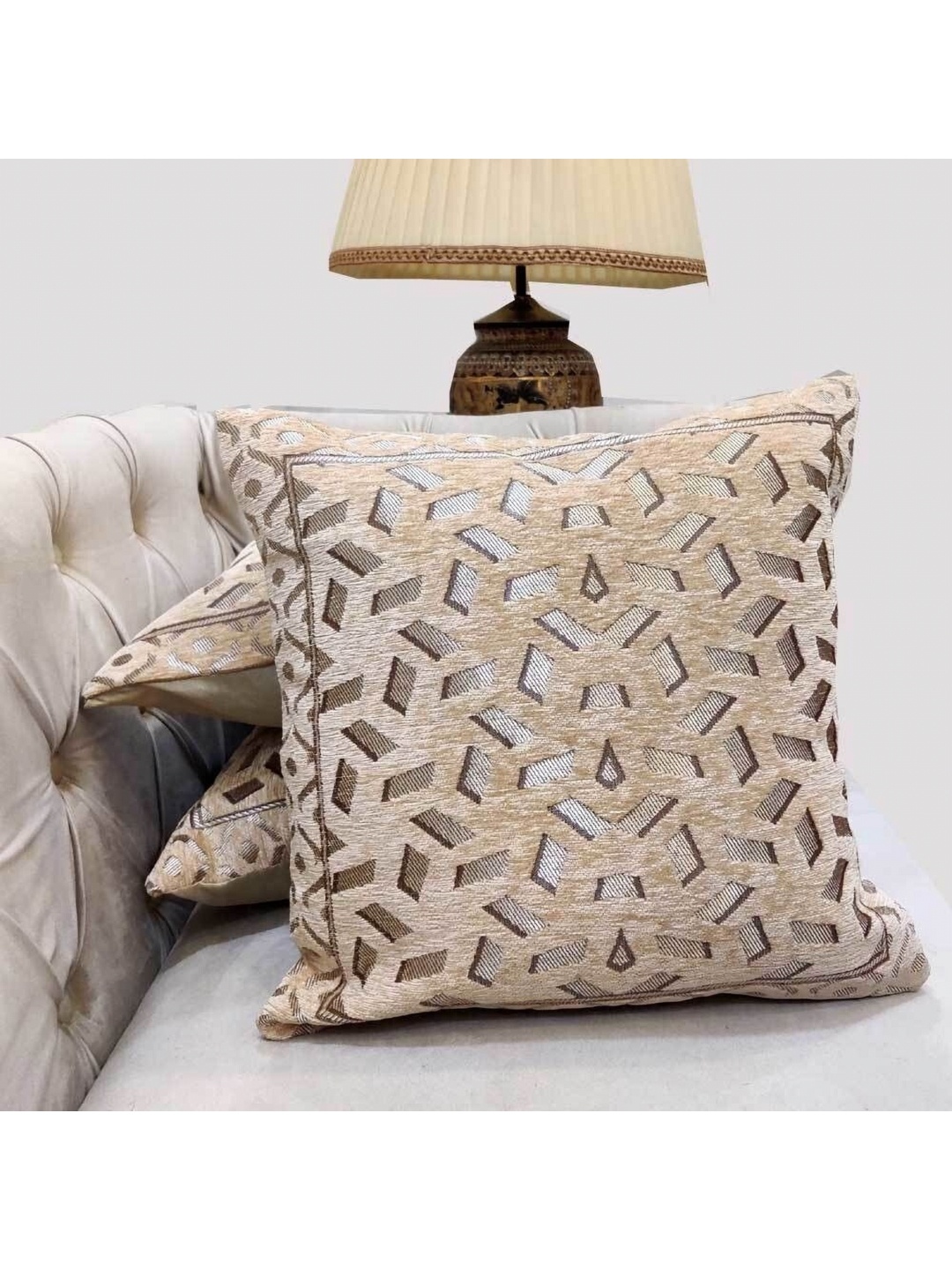 

Good Vibes Beige & Brown 3 Pieces Geometric Embroidered Square Cushion Covers