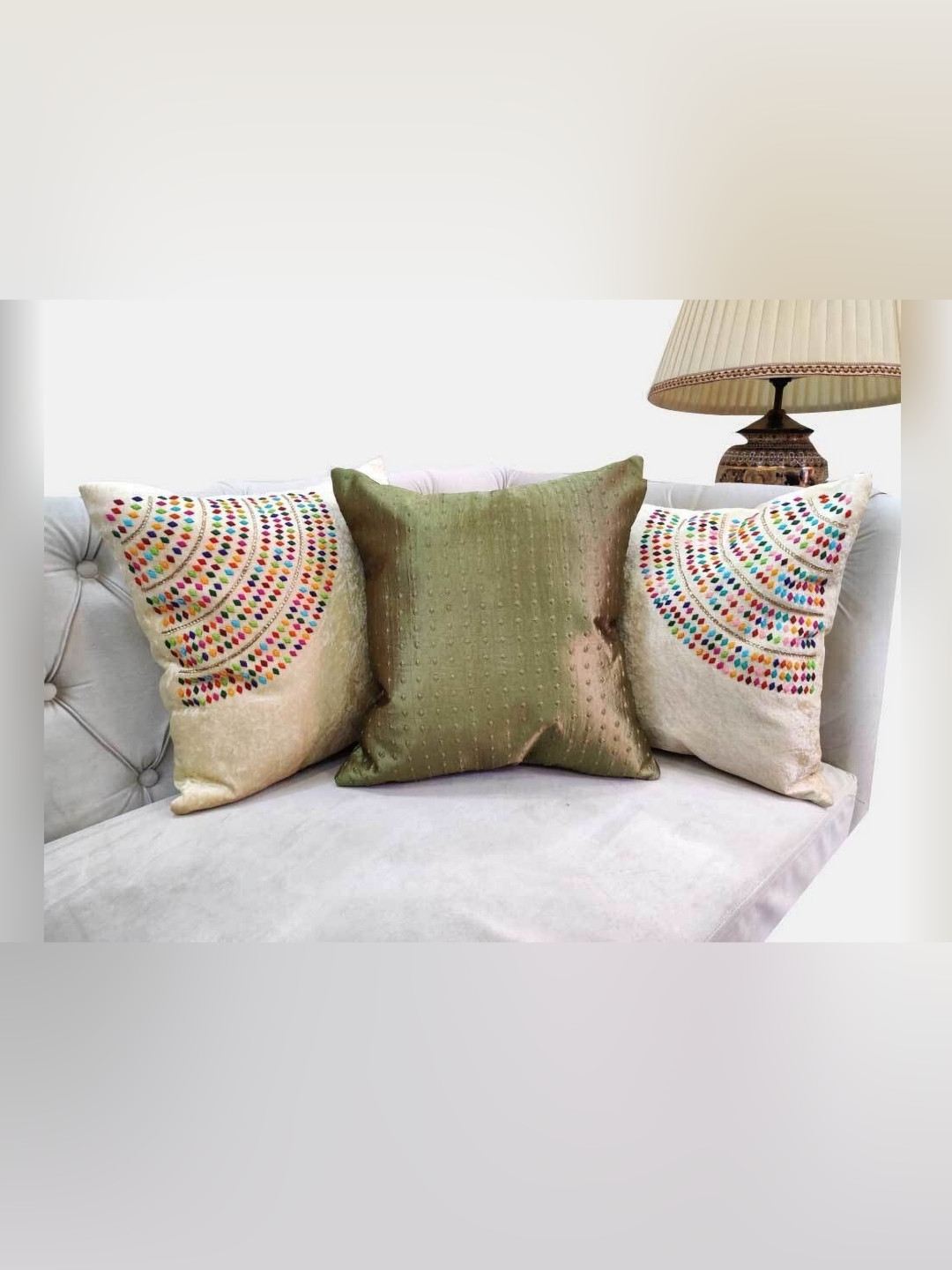 

Good Vibes Cream & Olive Green 3 Pieces Embellished Velvet Square Cushion Covers