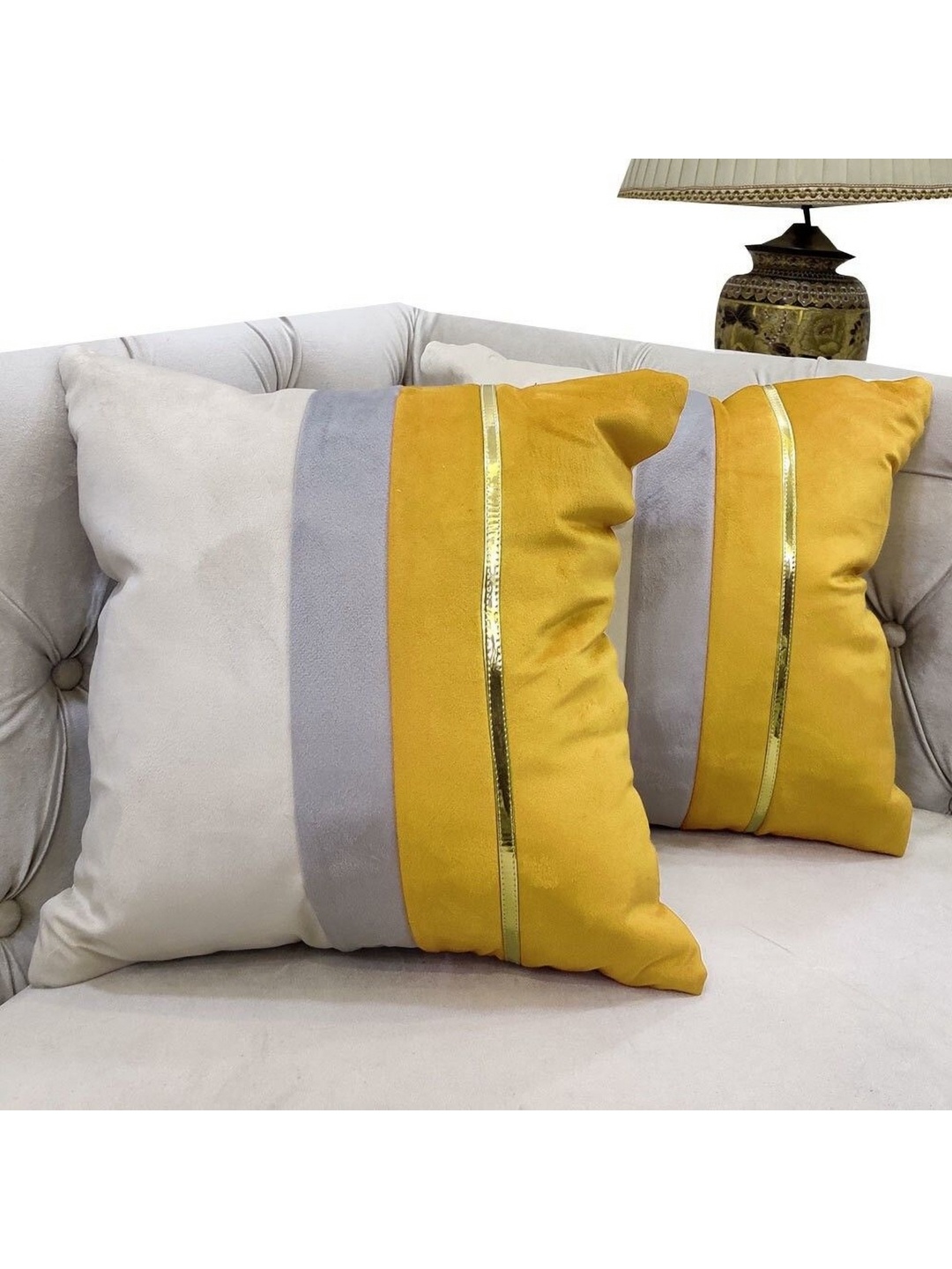 

Good Vibes Yellow & White 2 Pieces Colorblocked Velvet Square Cushion Covers