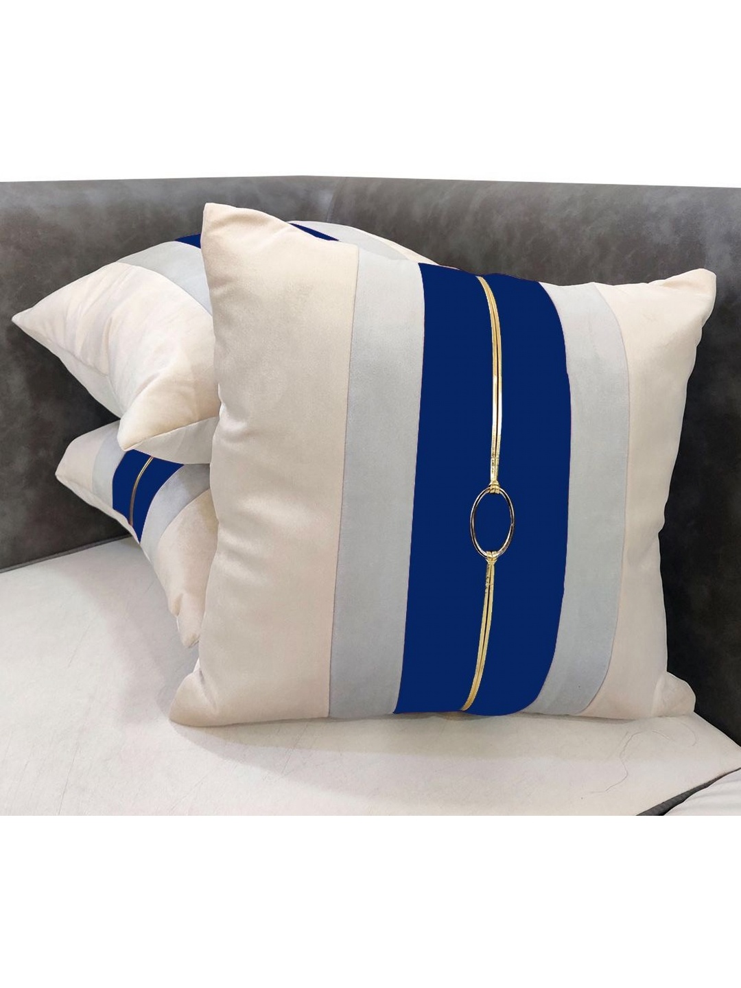 

Good Vibes Beige & Blue 3 Pieces Striped Velvet Square Cushion Covers