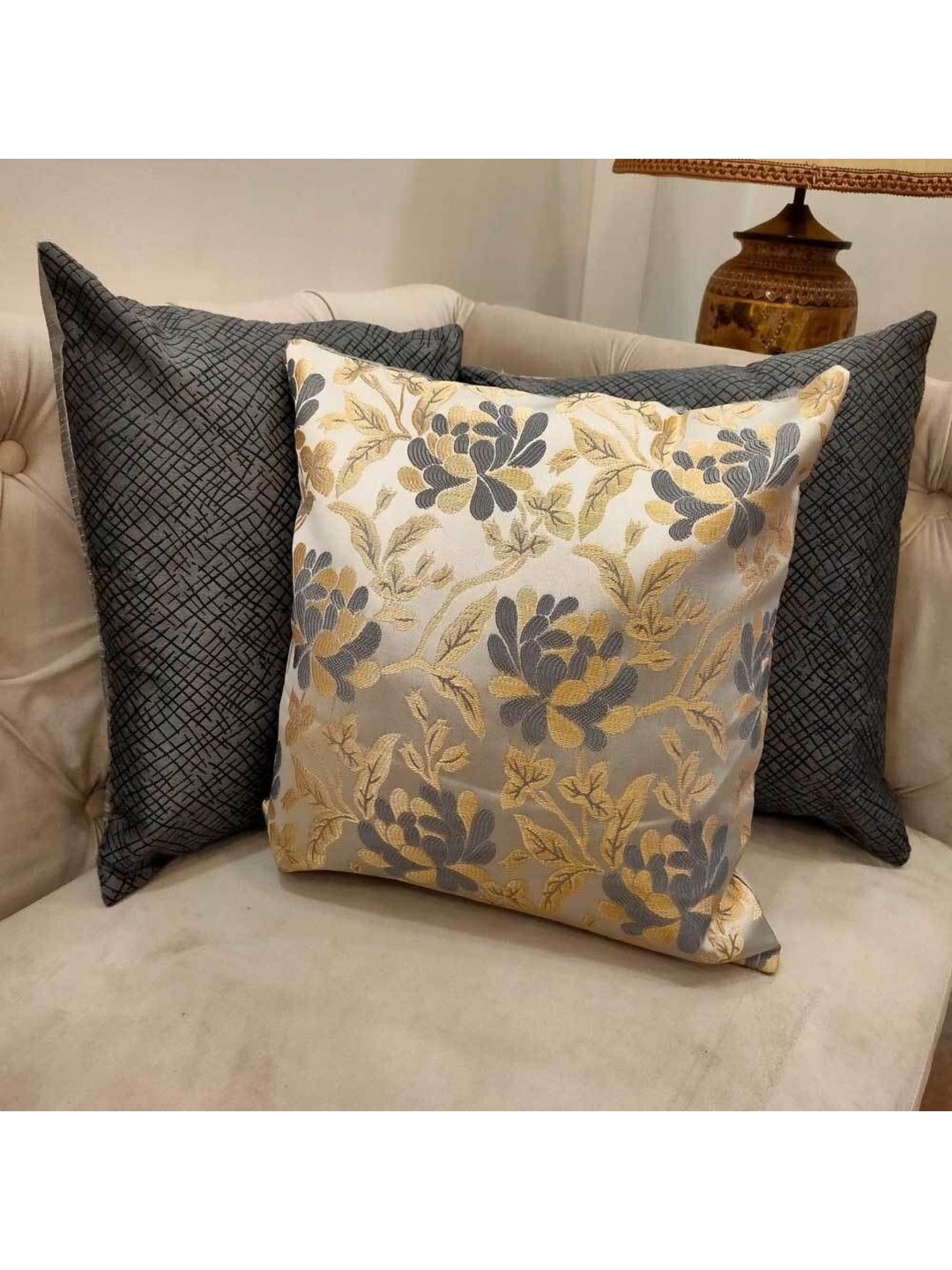 

Good Vibes Grey & Gold-Toned 3 Pieces Floral Printed Square Cushion Covers