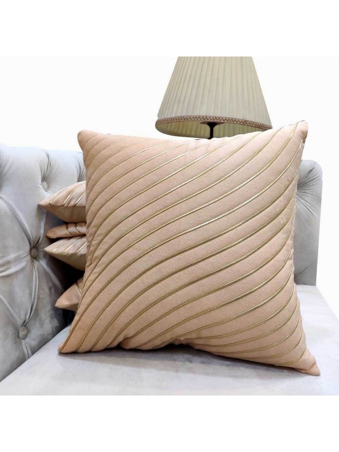 

Good Vibes Beige & Gold-Toned 5 Pieces Striped Square Cushion Covers