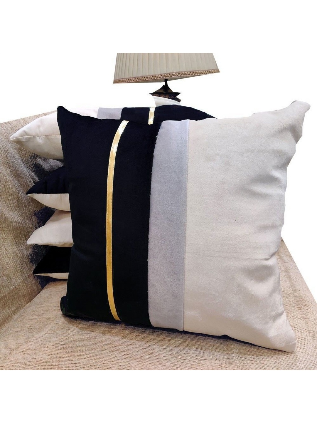 

Good Vibes Blue & Beige 5 Pieces Striped Velvet Square Cushion Covers