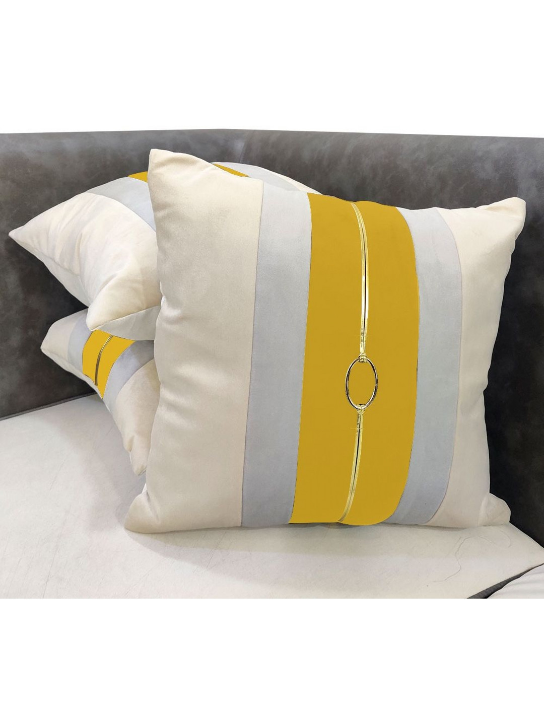 

Good Vibes Beige & Gold-Toned 3 Pieces Striped Velvet Square Cushion Covers