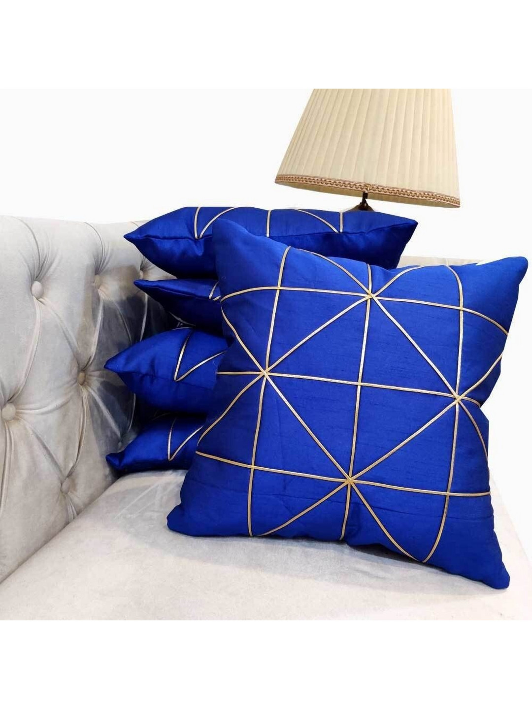 

Good Vibes Blue & Gold-Toned 5 Pieces Striped Square Cushion Covers