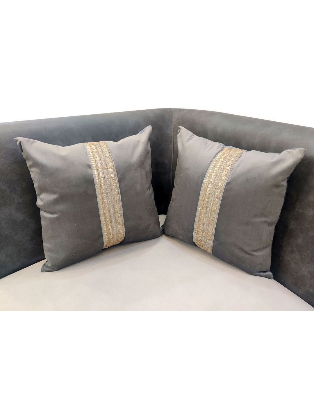 

Good Vibes Grey & Gold-Toned 2 Pieces Embroidered Velvet Square Cushion Covers