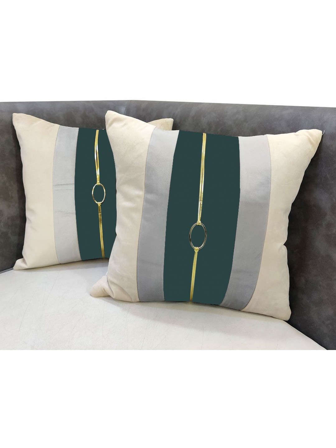 

Good Vibes Beige & Teal Green 2 Pieces Striped Velvet Square Cushion Covers