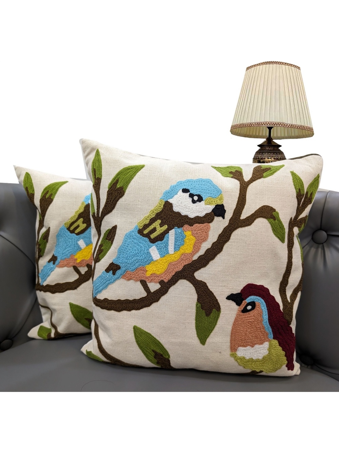 

Good Vibes Cream-Coloured & Green 2 Pieces Embroidered Cotton Square Cushion Covers
