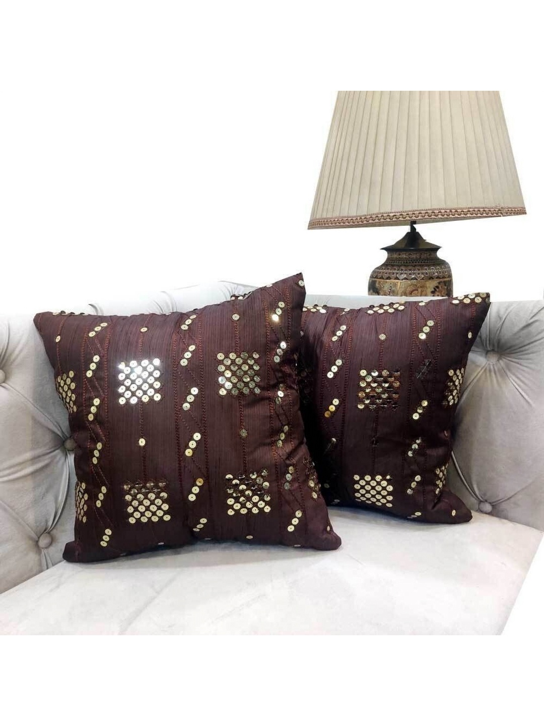 

Good Vibes Gold-Toned & Brown 2 Pieces Embellished Square Cushion Covers