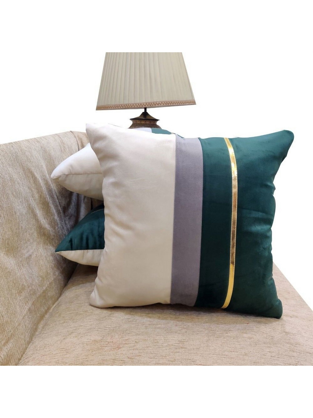 

Good Vibes Beige & Green 3 Pieces Striped Velvet Square Cushion Covers