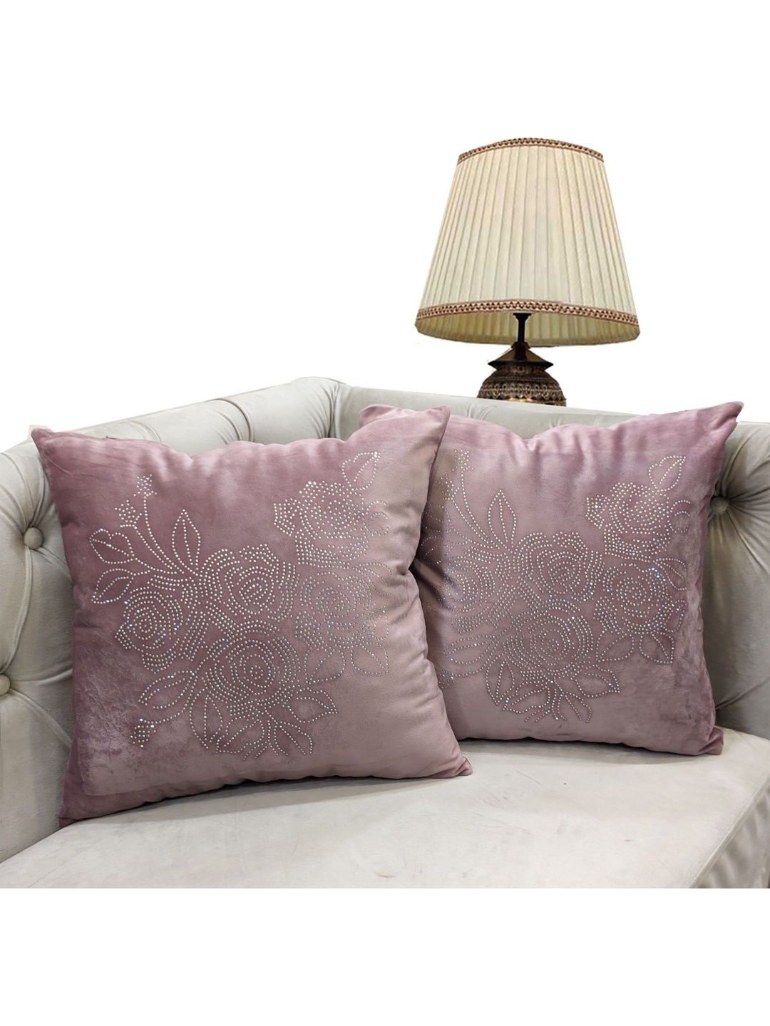 

Good Vibes Pink & Silver-Toned 2 Pieces Embellished Velvet Square Cushion Covers