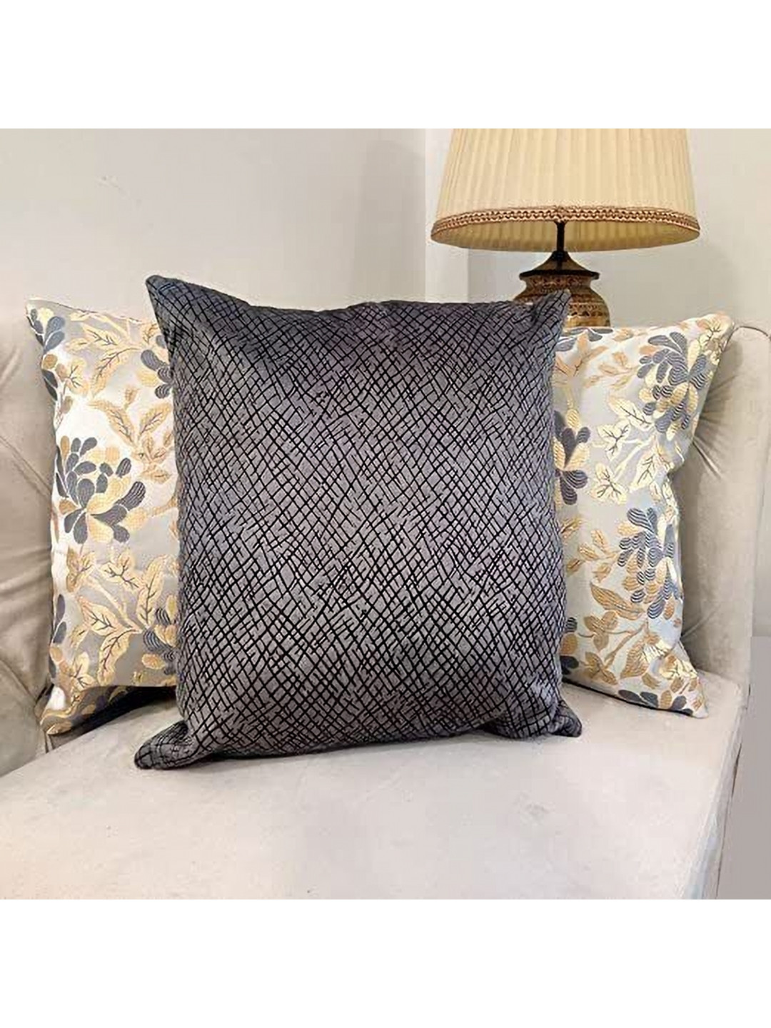 

Good Vibes Gold-Toned & Grey 3 Pieces Floral Square Cushion Covers