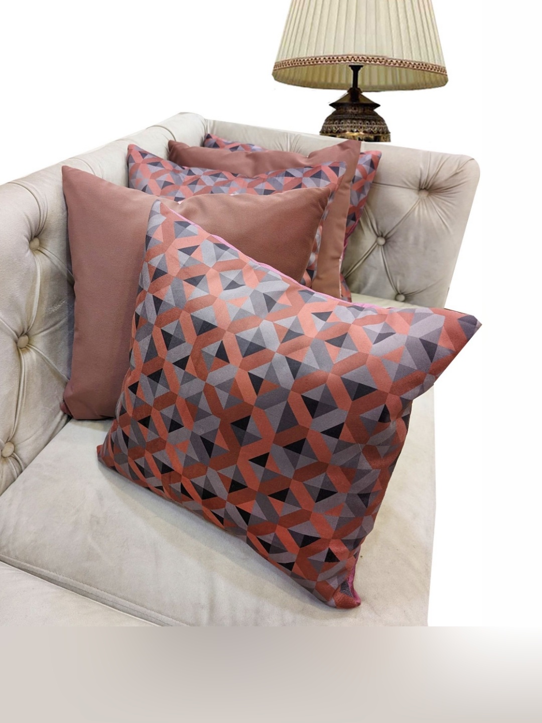 

Good Vibes Pink & Grey Set of 5 Geometric Velvet Square Cushion Covers