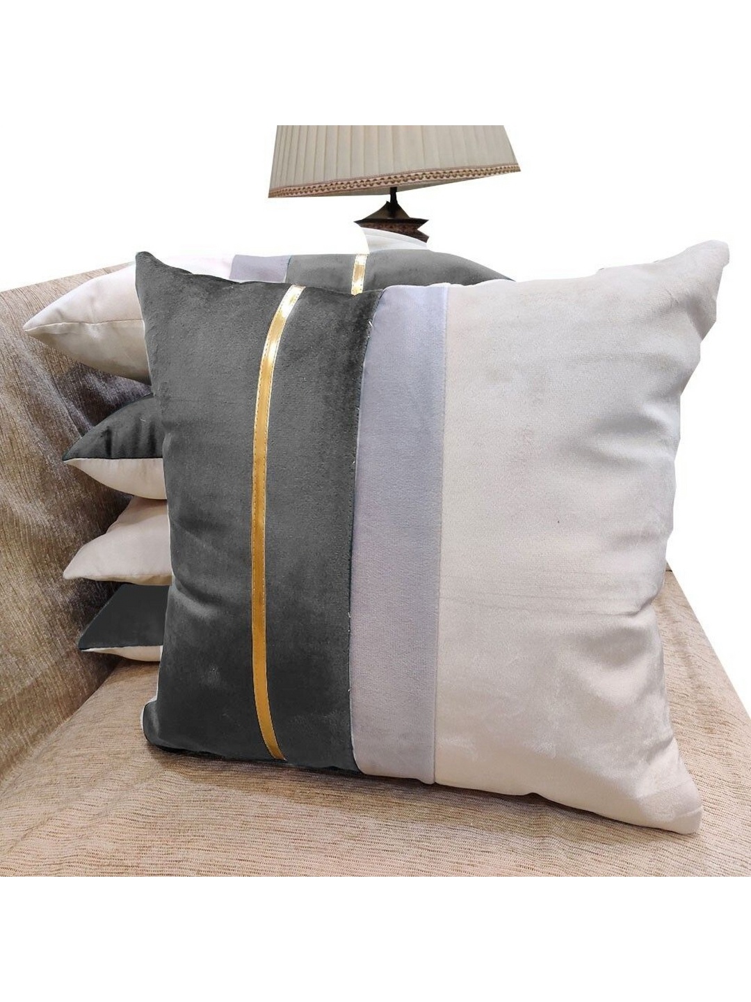 

Good Vibes Grey & Black Set of 5 Striped Velvet Square Cushion Covers