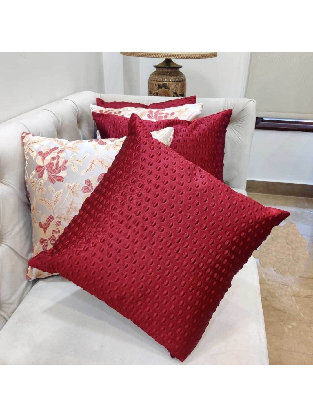 

Good Vibes Maroon & Silver-Toned 5 Pieces Embroidered Square Cushion Covers