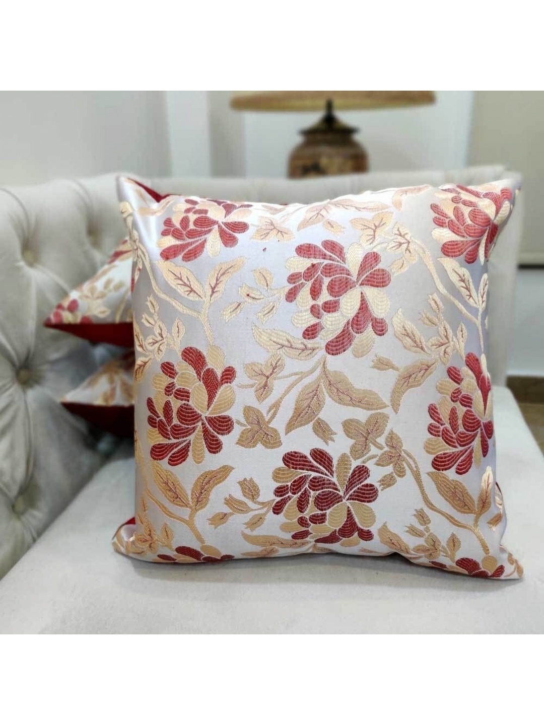 

Good Vibes Maroon & Cream-Coloured 3 Pieces Floral Square Cushion Covers