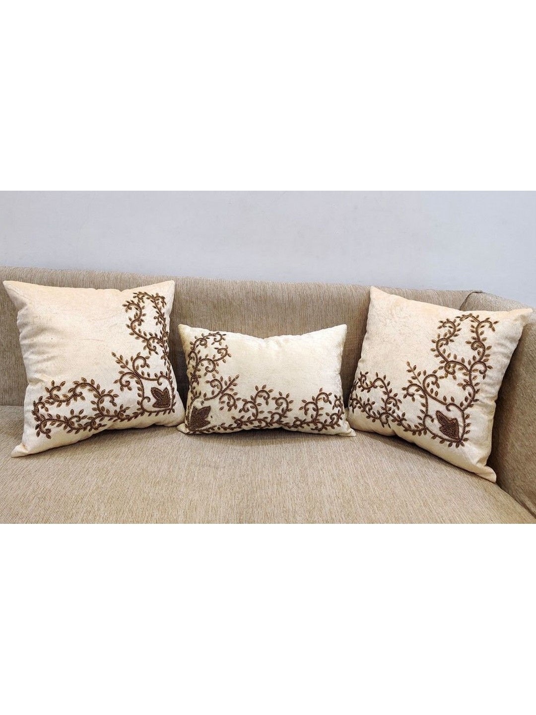 

Good Vibes Cream-Coloured & Gold-Toned 3 Pieces Embellished Velvet Square Cushion Covers