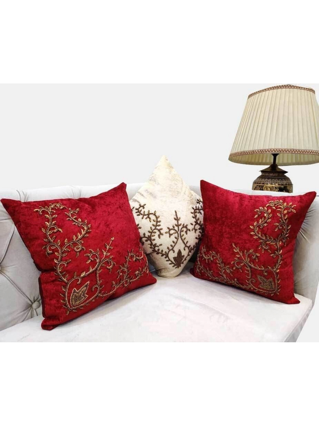 

Good Vibes Red & Cream-Coloured 3 Pieces Embroidered Velvet Square Cushion Covers