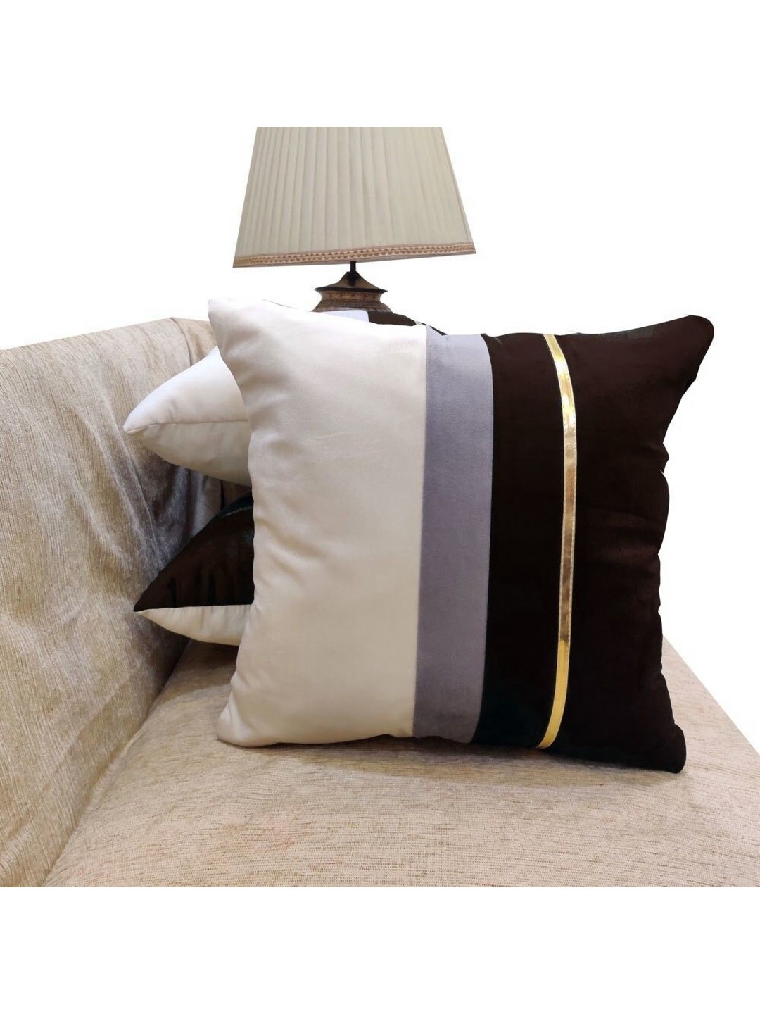 

Good Vibes Beige & Brown 3 Pieces Striped Velvet Square Cushion Covers