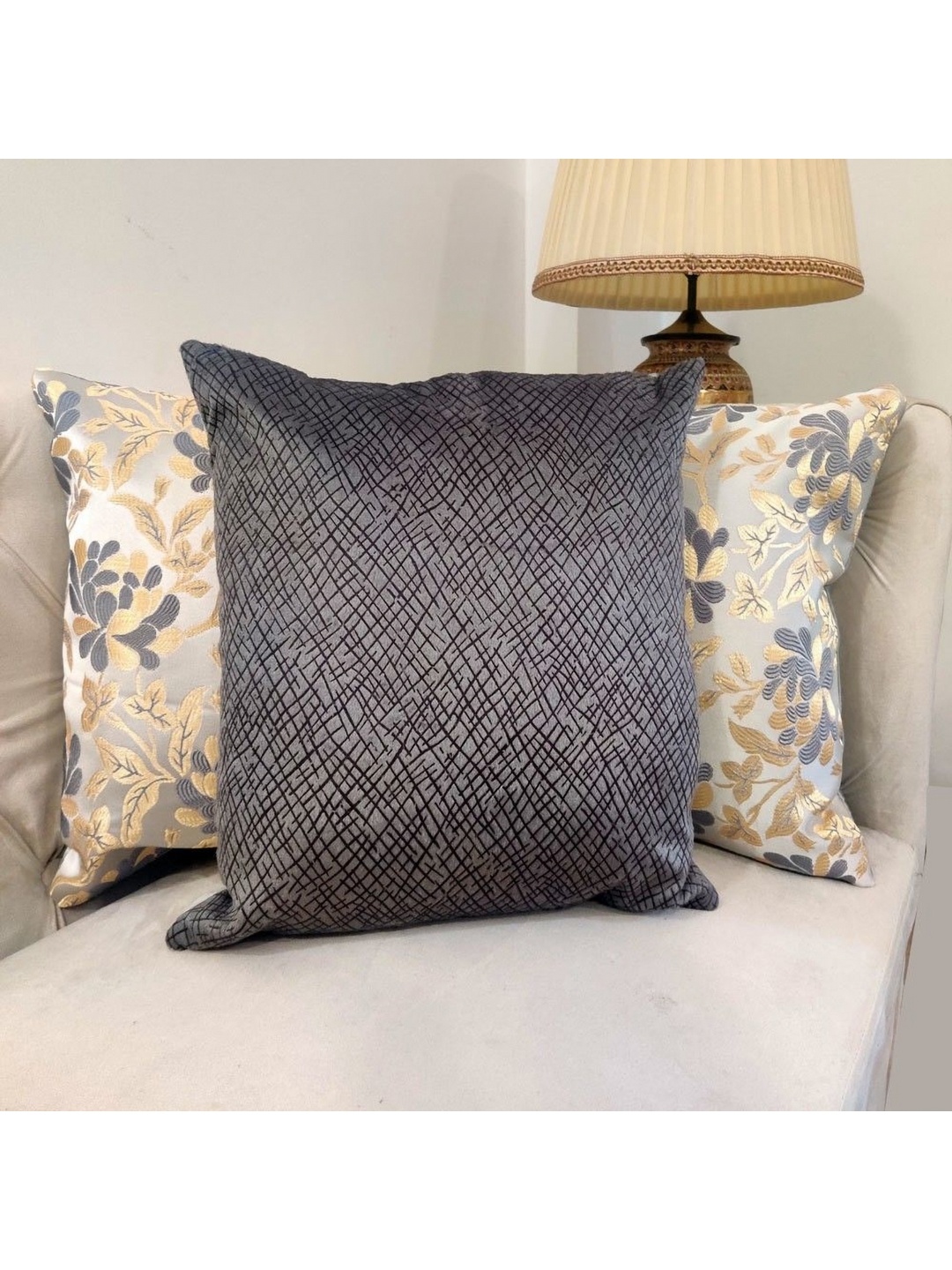 

Good Vibes Grey & Cream-Coloured 3 Pieces Embroidered Square Cushion Covers