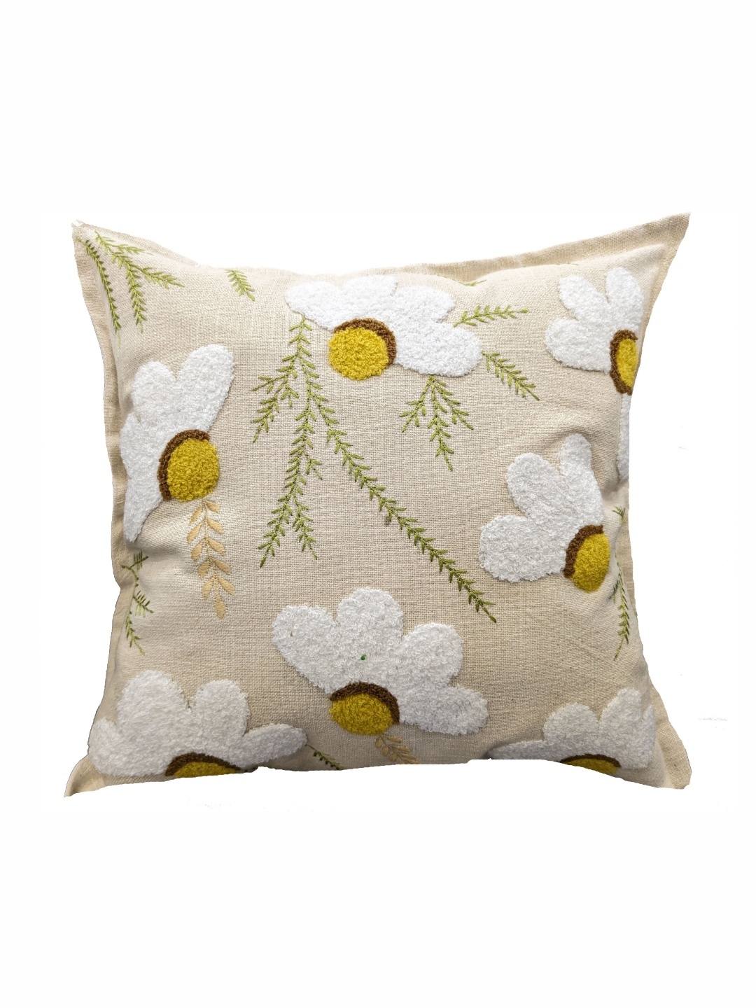 

Good Vibes Cream-Coloured & Green Embroidered Cotton Square Cushion Covers