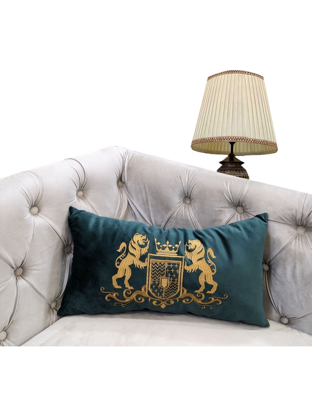 

Good Vibes Green & Gold-Toned Embroidered Velvet Rectangle Cushion Covers