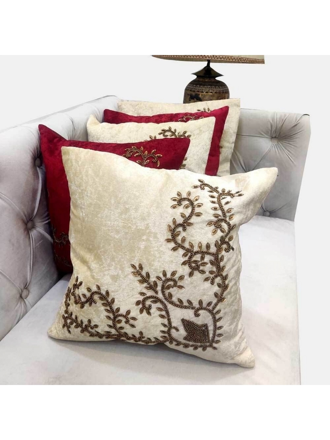 

Good Vibes Red & Beige Set of 5 Embellished Velvet Square Cushion Covers