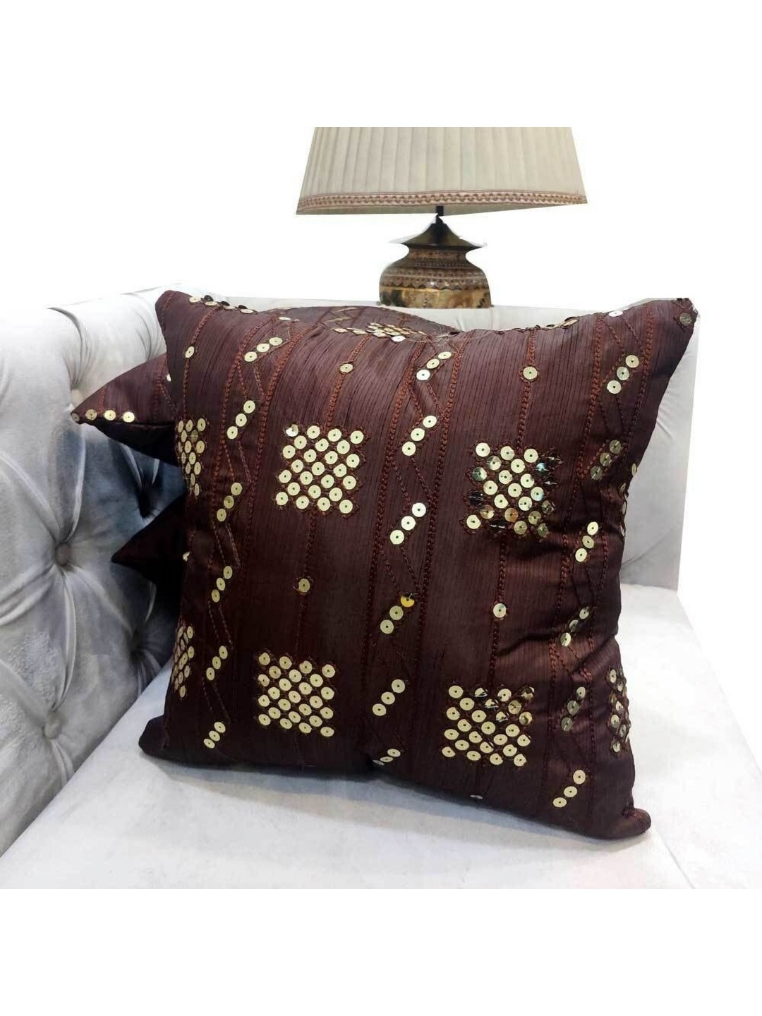 

Good Vibes Brown & Gold-Toned 3 Pieces Embellished Square Cushion Covers