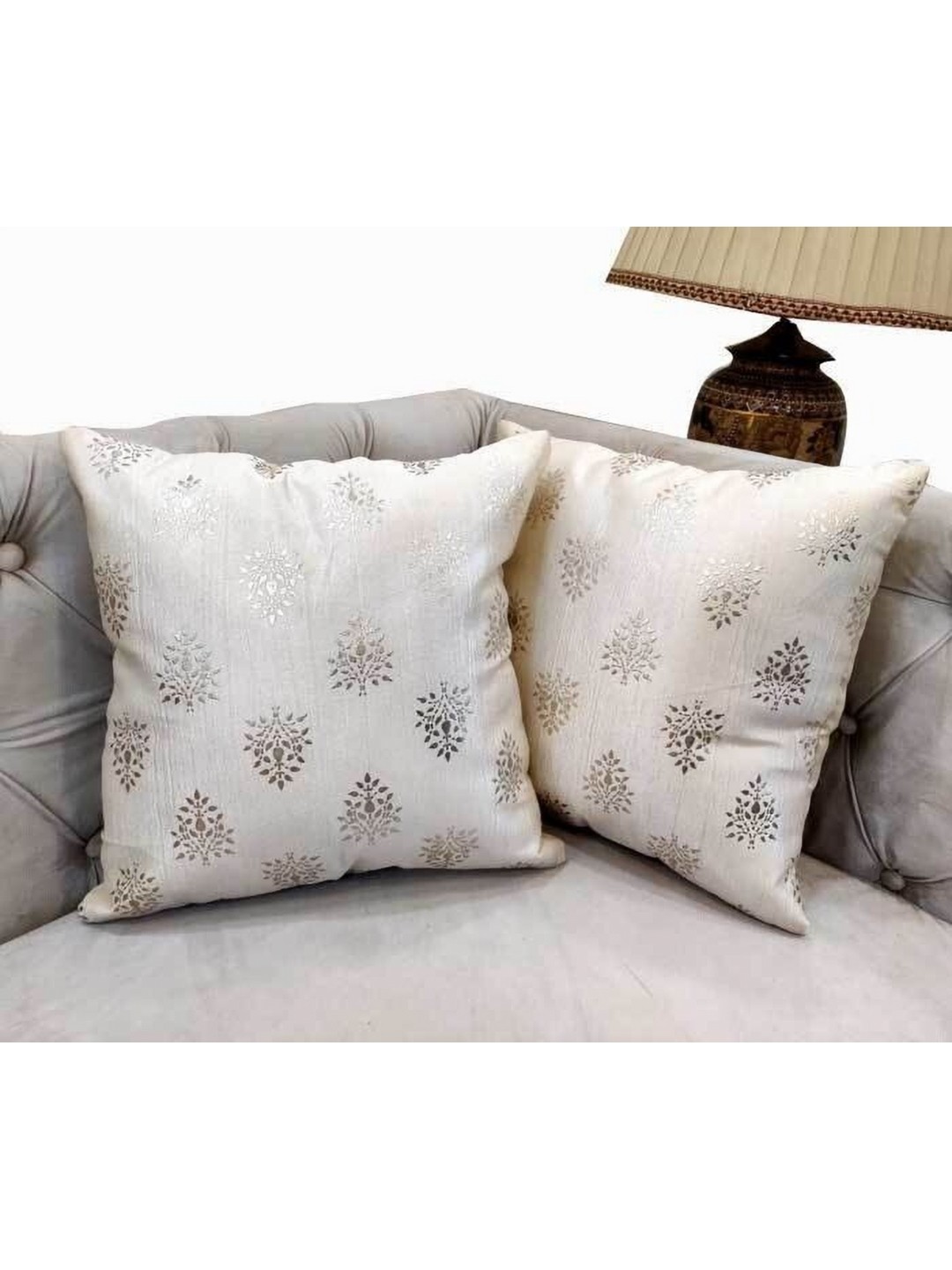 

Good Vibes White & Silver-Toned 2 Pieces Square Cushion Covers