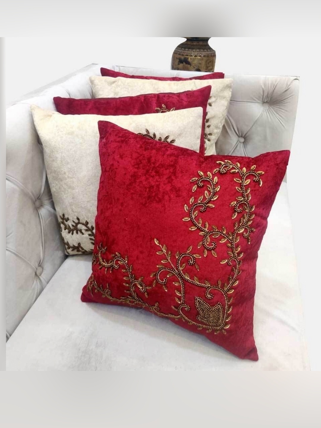 

Good Vibes Red & White 5 Pieces Embellished Velvet Square Cushion Covers