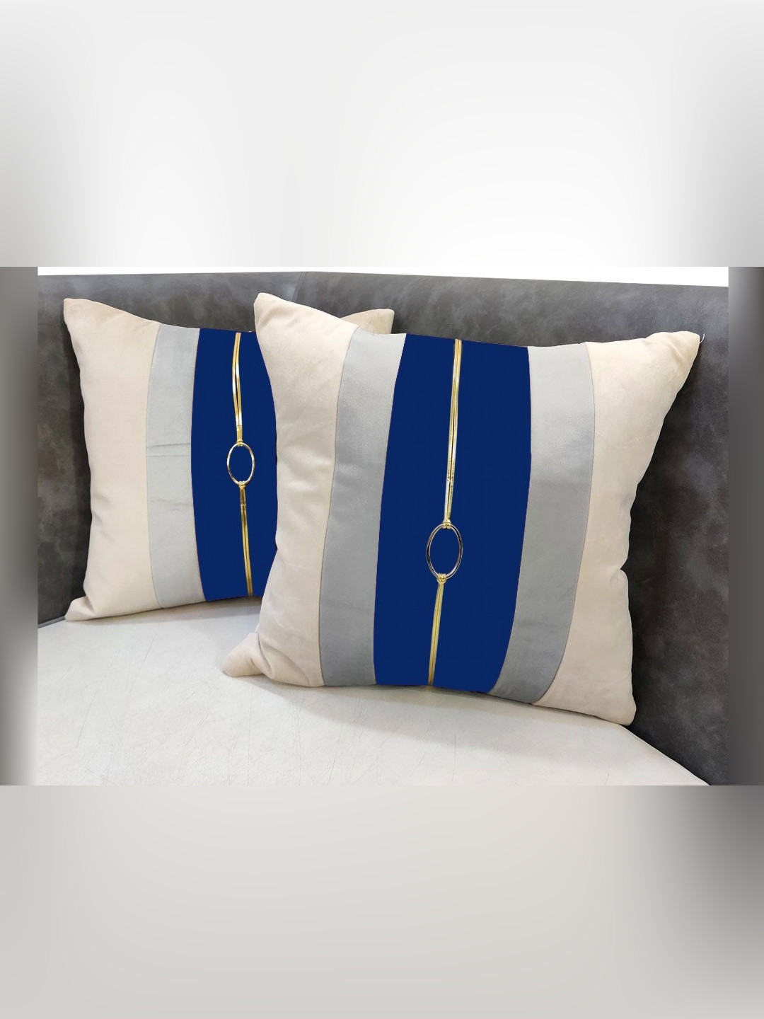 

Good Vibes Off White & Blue 2 Pieces Striped Velvet Square Cushion Covers