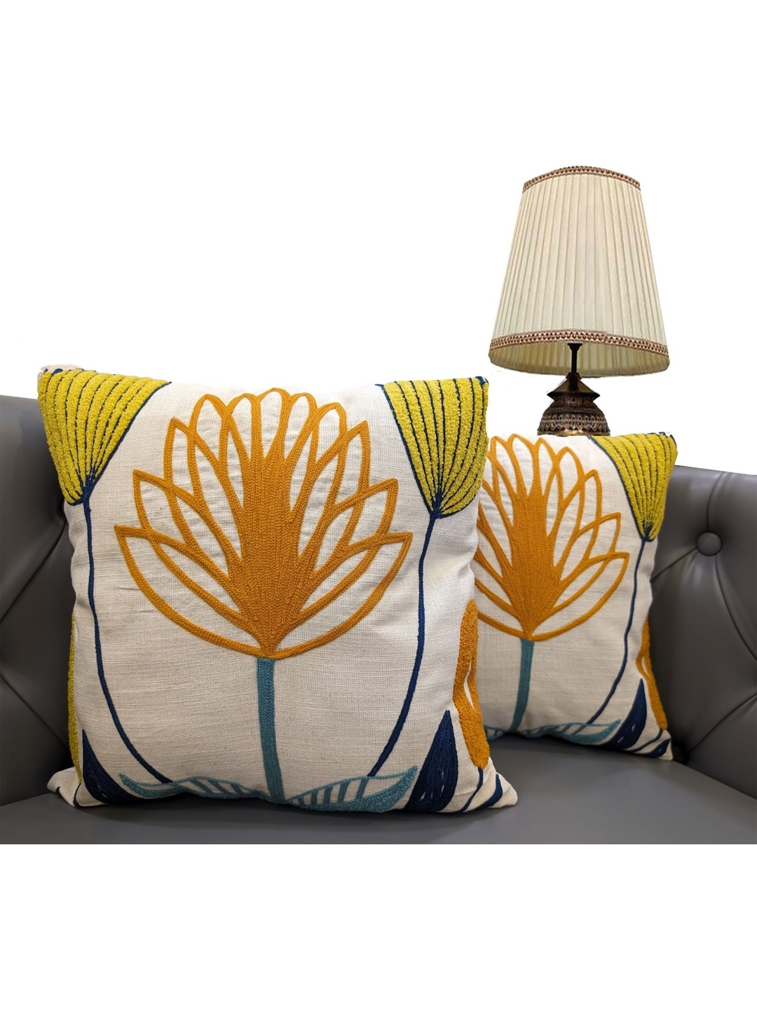 

Good Vibes Cream & Yellow 2 Pieces Embroidered Rectangle Cushion Covers