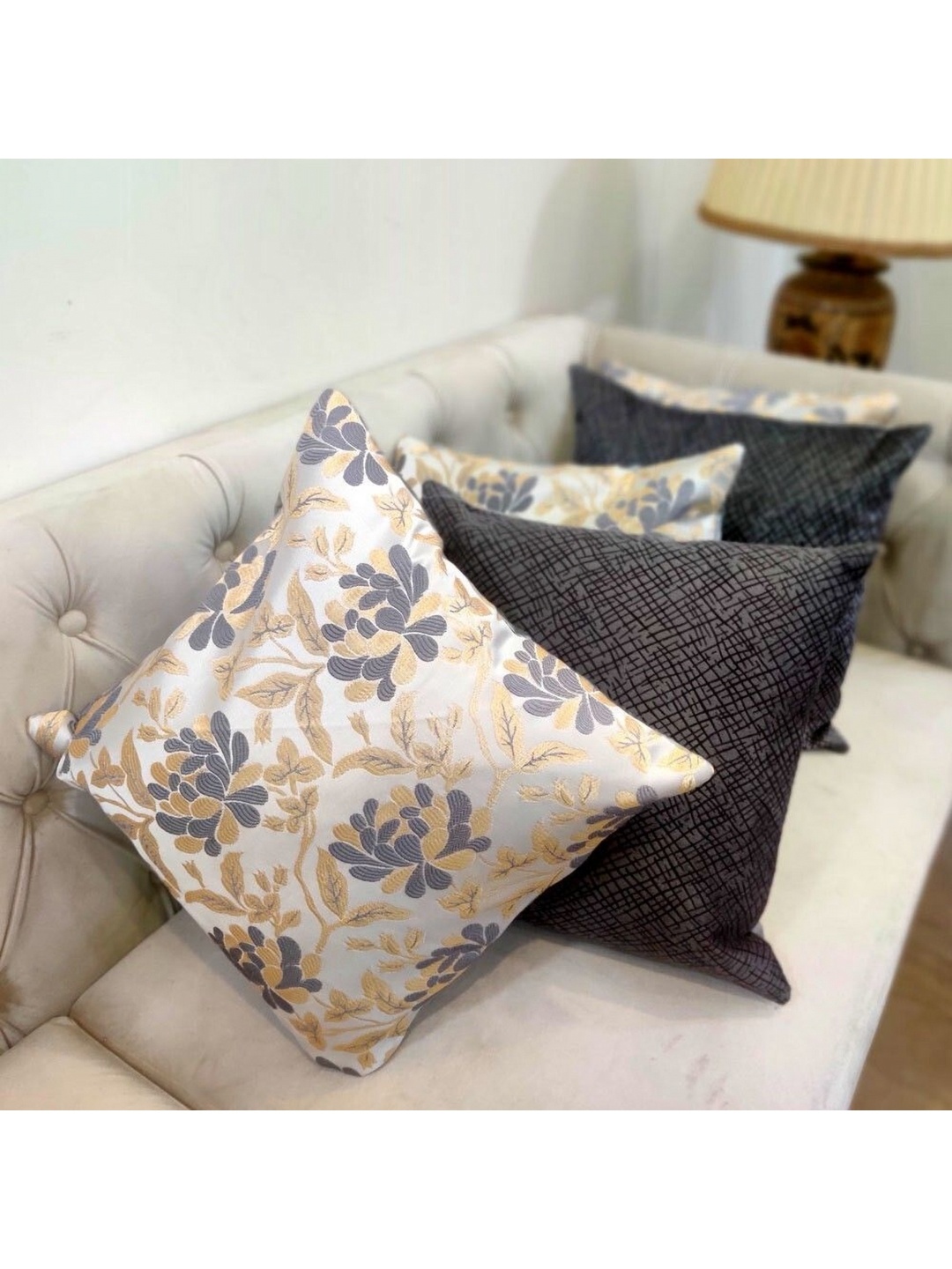 

Good Vibes Grey & Gold-Toned 5 Pieces Floral Square Cushion Covers