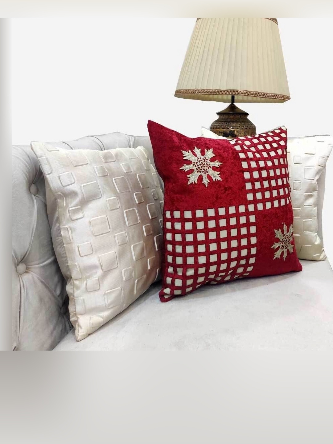 

Good Vibes White & Red 3 Pieces Geometric Square Cushion Covers
