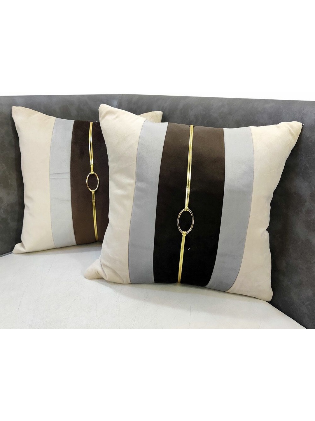 

Good Vibes Beige & Brown 2 Pieces Striped Velvet Square Cushion Covers