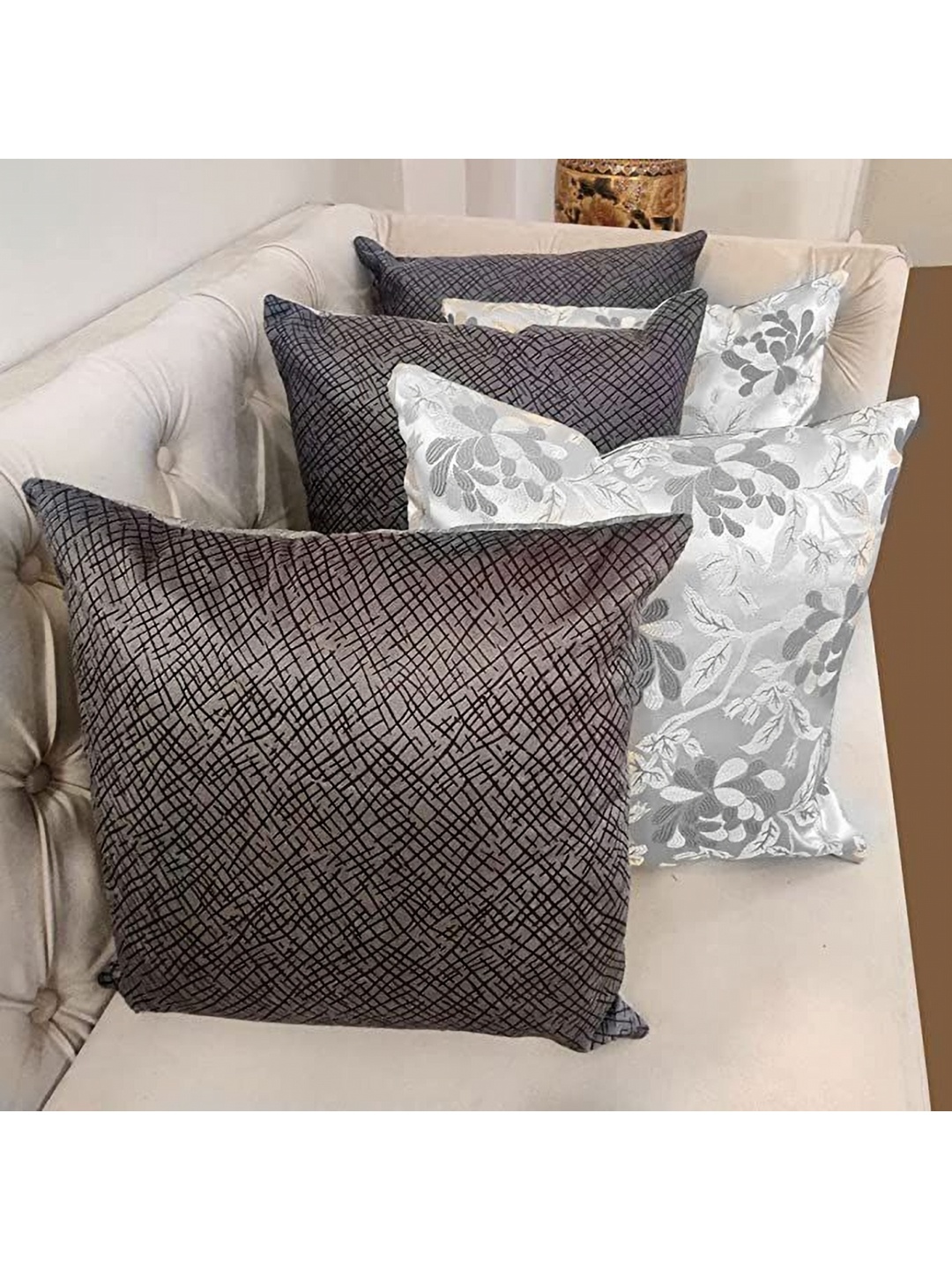 

Good Vibes Silver-Toned & Black 5 Pieces Embroidered Square Cushion Covers